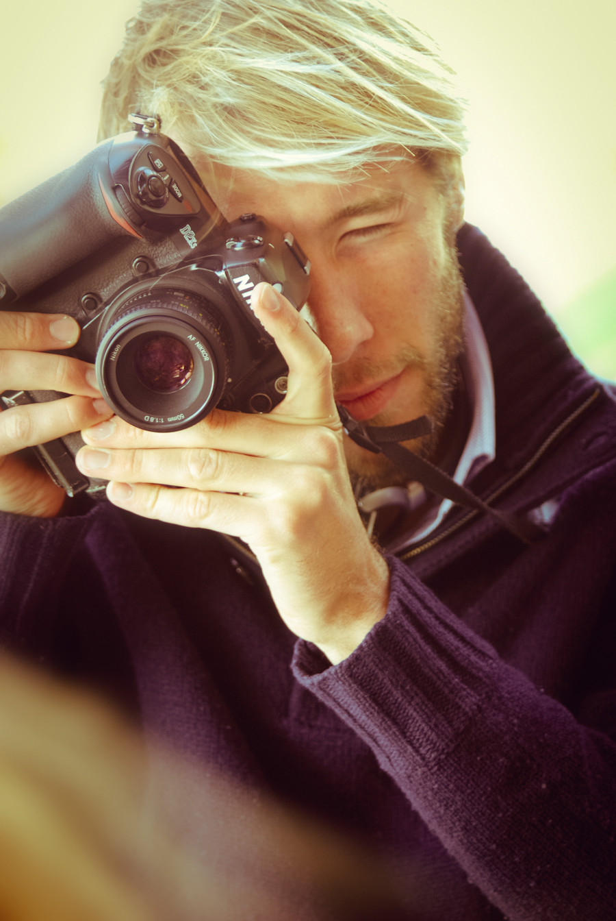 Portrait of Ben Evans in Barcelona with his Nikon D2x and Nikkor 50mm lens