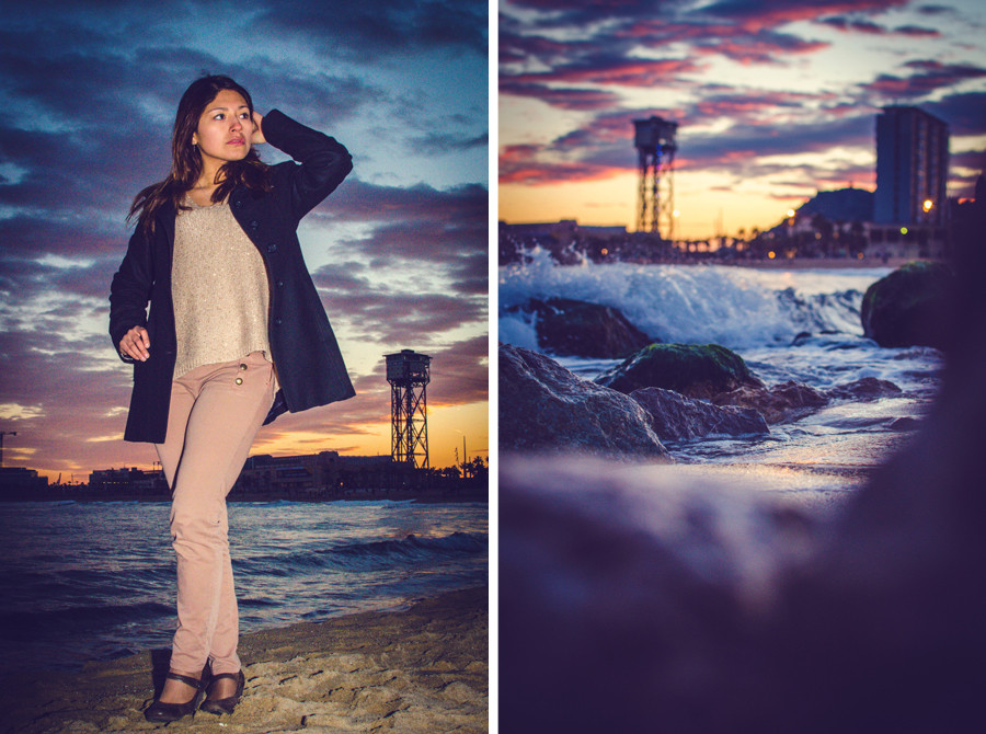 Hiromi Torres as model on the beach at sunset in Barcelona