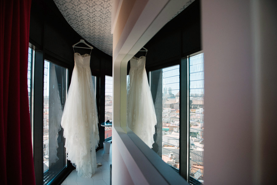 Wedding dress with view from Barceló Raval, Barcelona